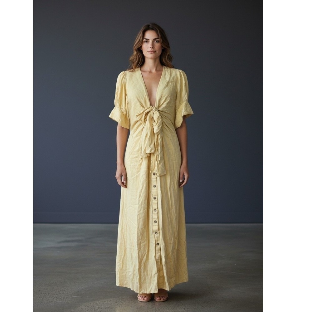 Free People Yellow Tie Front Button Down‎ Puff Sleeve Midi Dress Womens Size M
